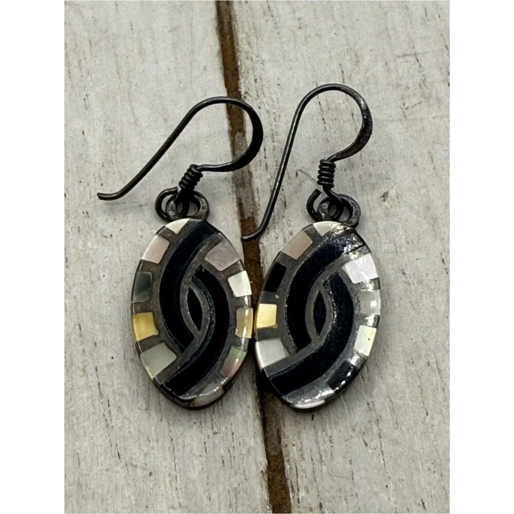 Handmade mother of pearl Black and Silver Inlay Oval Drop Earrings